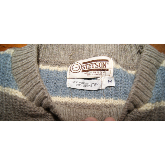 Vintage 80s Stetson Wool Bled Gray Blue Ivory Stripe Mens M Knit Sweater USA - Picture 4 of 9